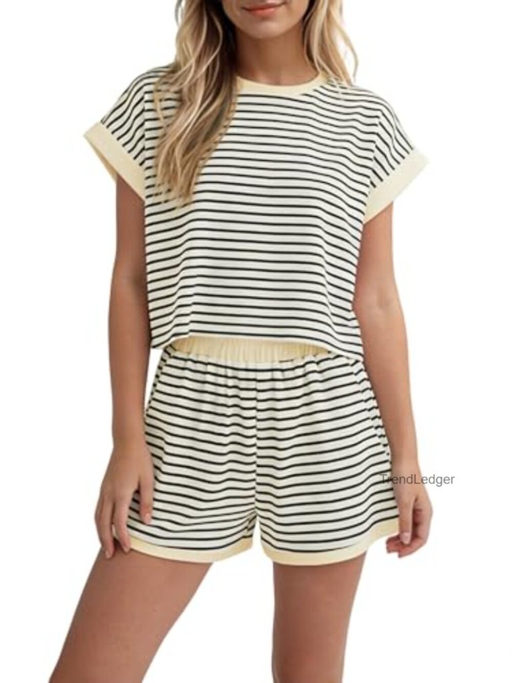 Women's 2 Piece Striped Lounge Set Short Sleeve Top & High Waist Shorts